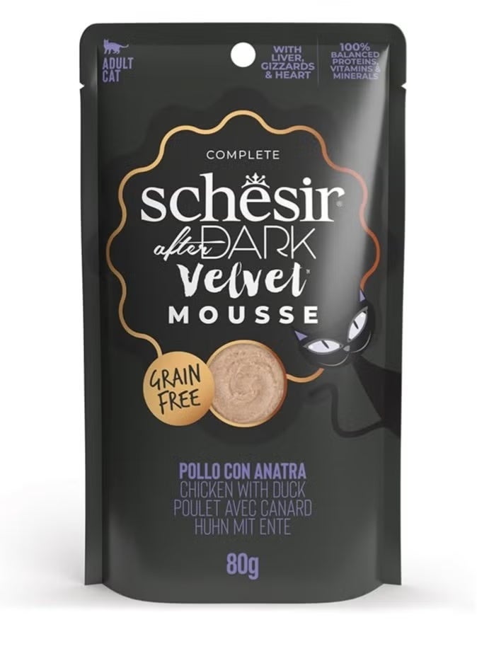 Schesir After Dark Velvet Mousse Wet Cat Food Chicken with Duck 80g Pack of 12 | Grain Free High Protein Complete Adult Cat Meal with Organ Meat & Hydration Support - Image 2